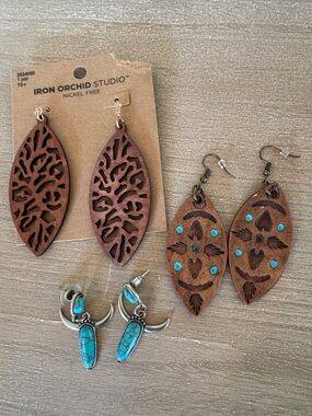 Iron Orchid Studio Brown Laser-Cut Leather Earrings - Turquoise Accent